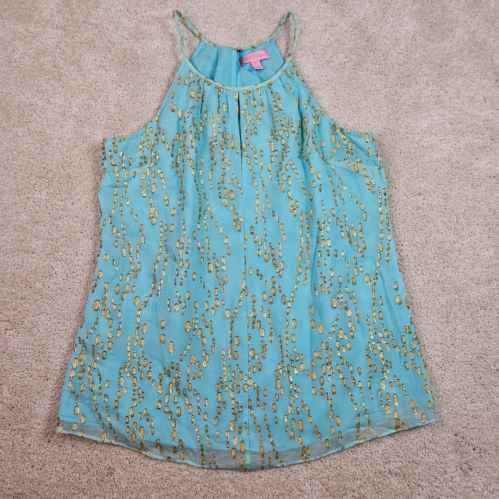Lilly Pulitzer M Silk Gold Halter Top Resortcore Palm Beach Coastal Glam Preppy